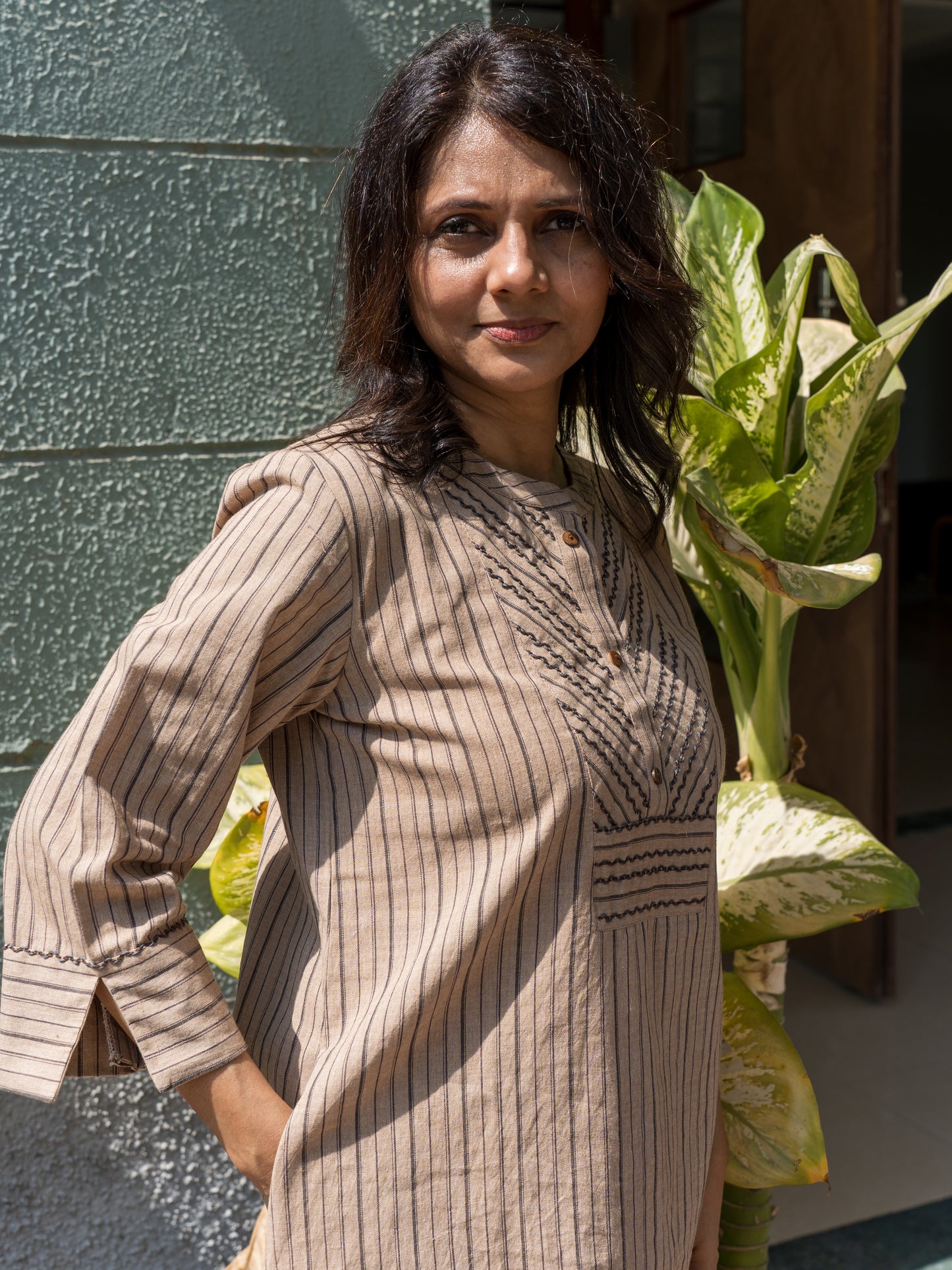 Strips short kurti with yoke embroidery