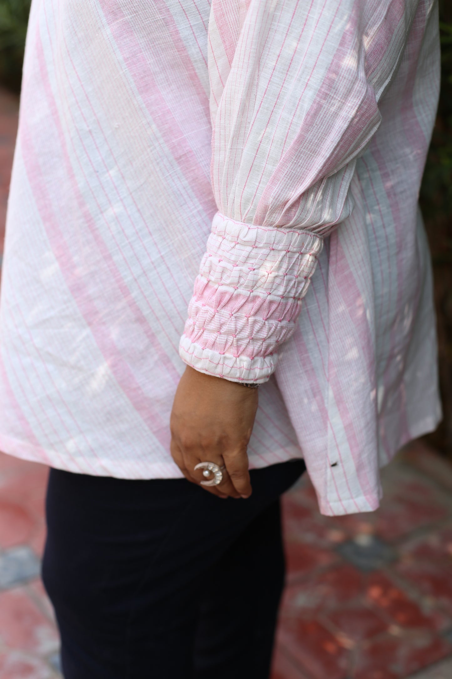 Pink strips umbrella top with smocking puff sleeves