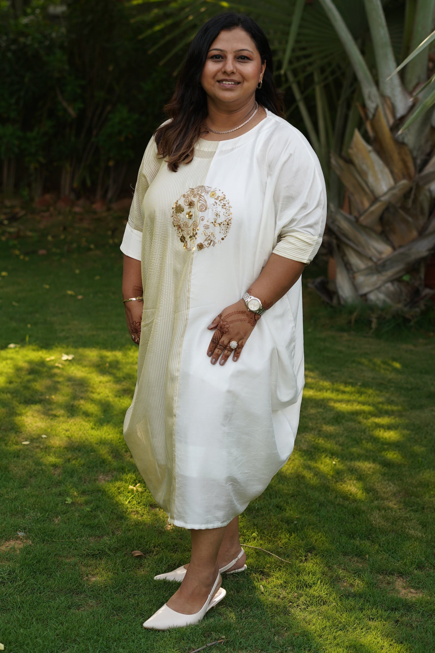 Gold stripes and plain kaftan dress with work and slip
