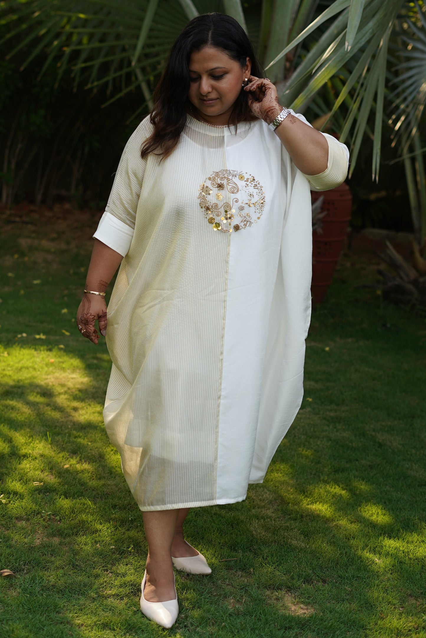 Gold stripes and plain kaftan dress with work and slip