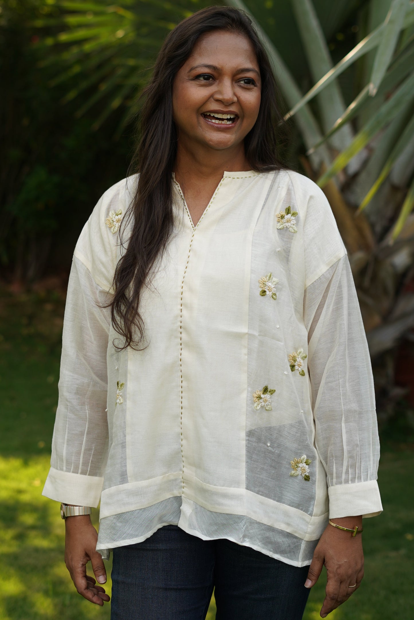 Off white chanderi kali top with embroidery