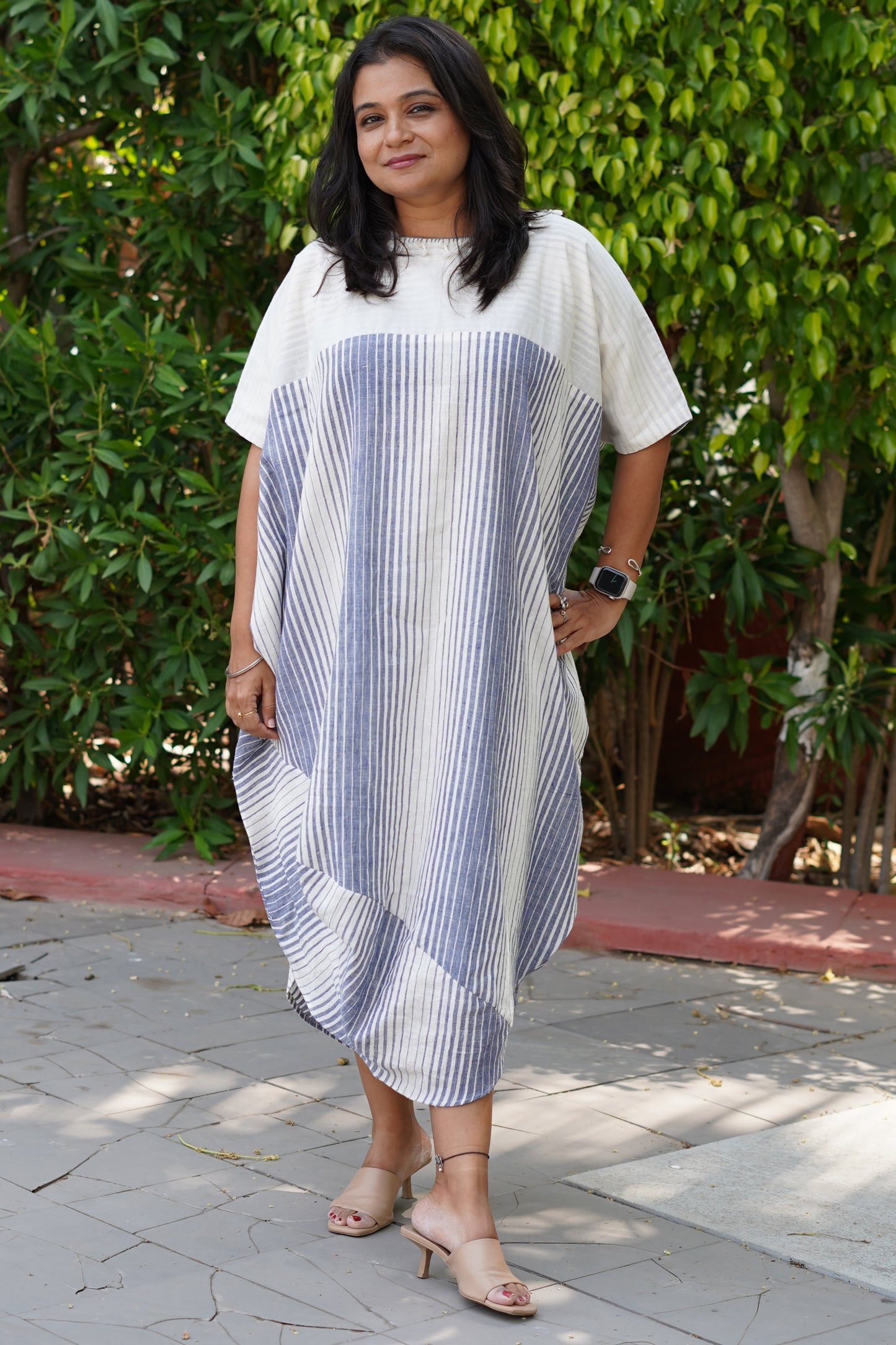 Kala cotton blue stripes cowl dress