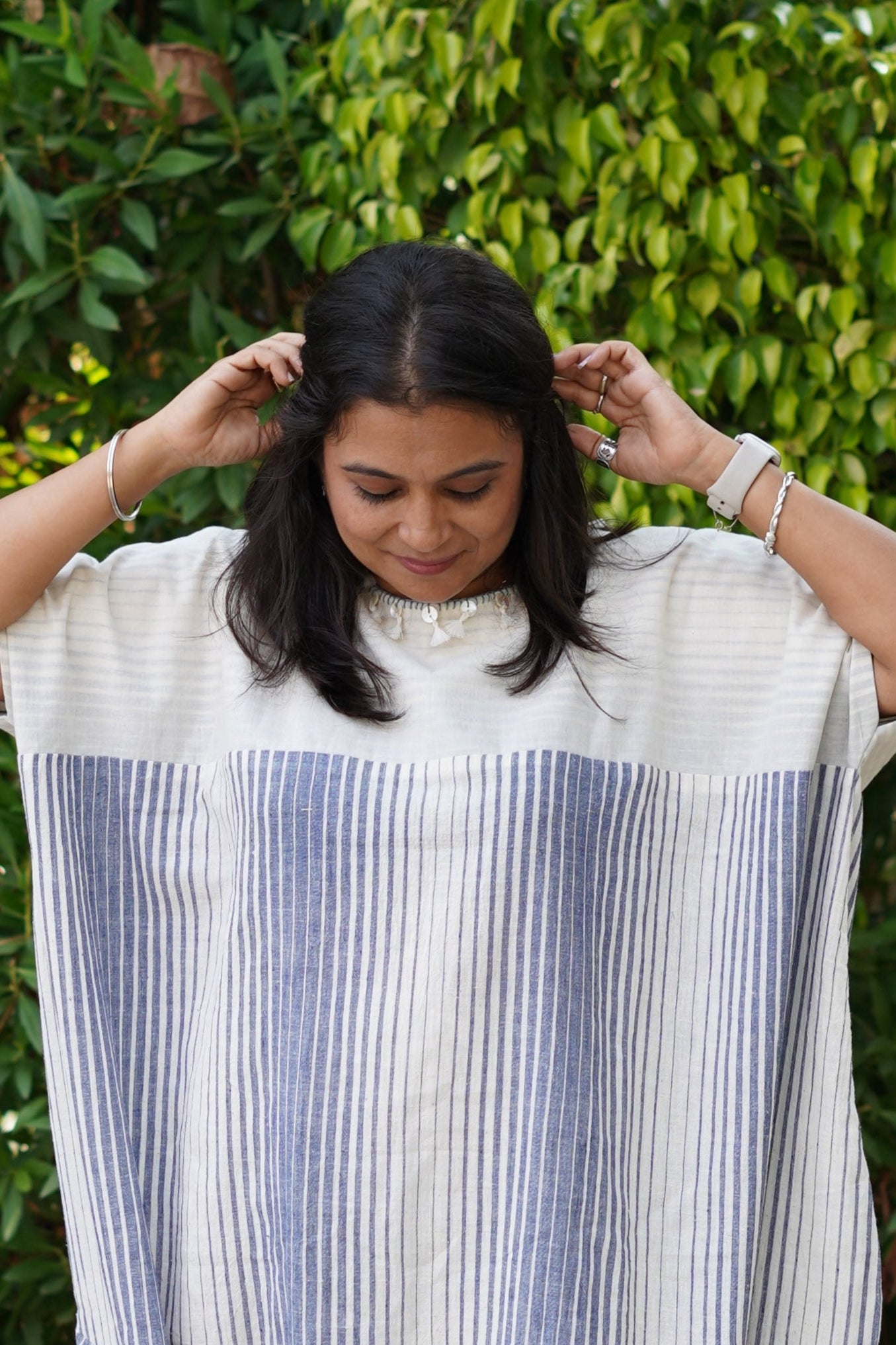 Kala cotton blue stripes cowl dress
