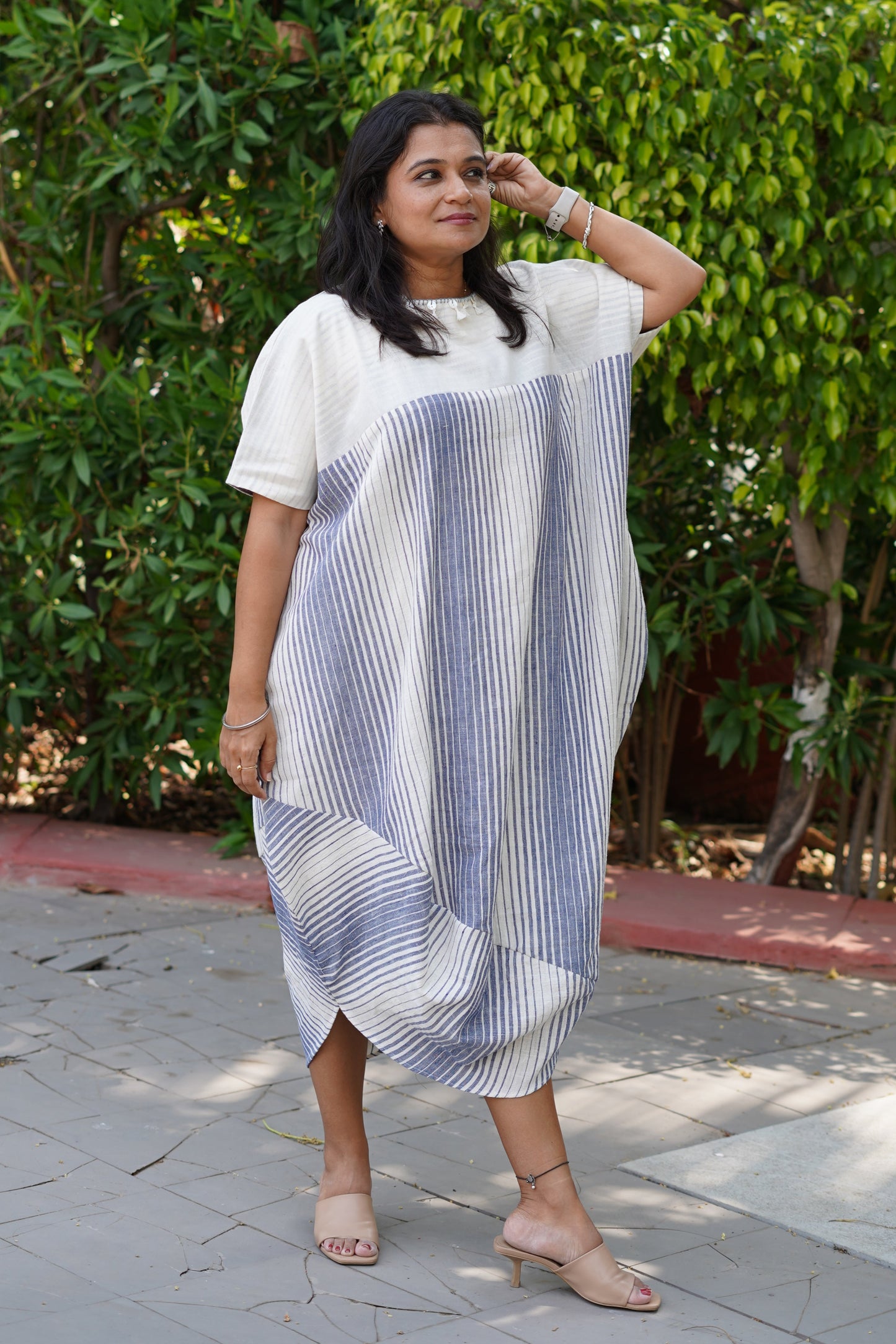 Kala cotton blue stripes cowl dress