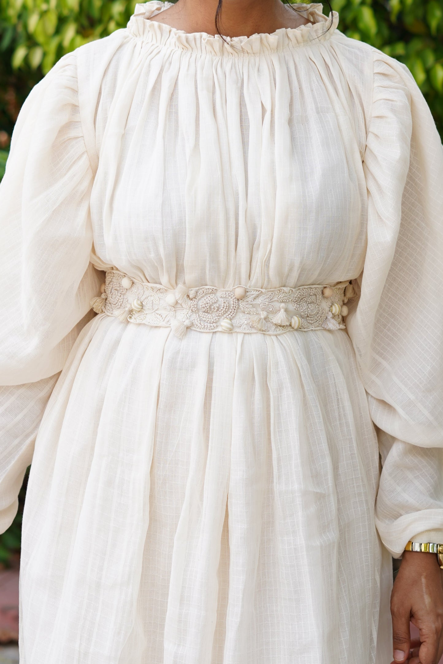 Off white self chex gathered tunic with roses embroidered belt