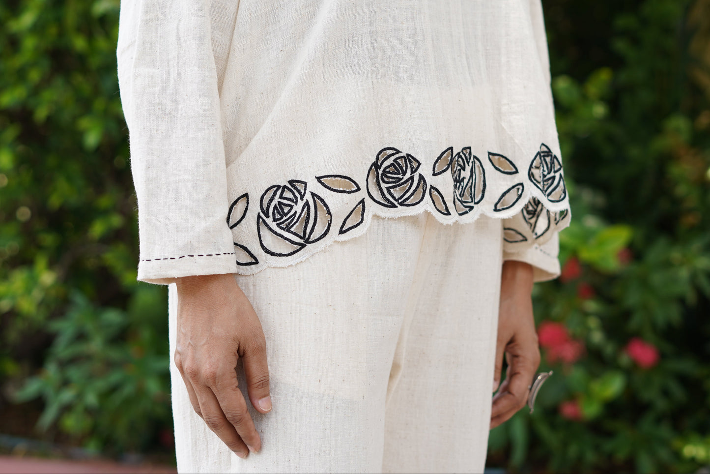 Kala cotton co-ord set with roses cut work