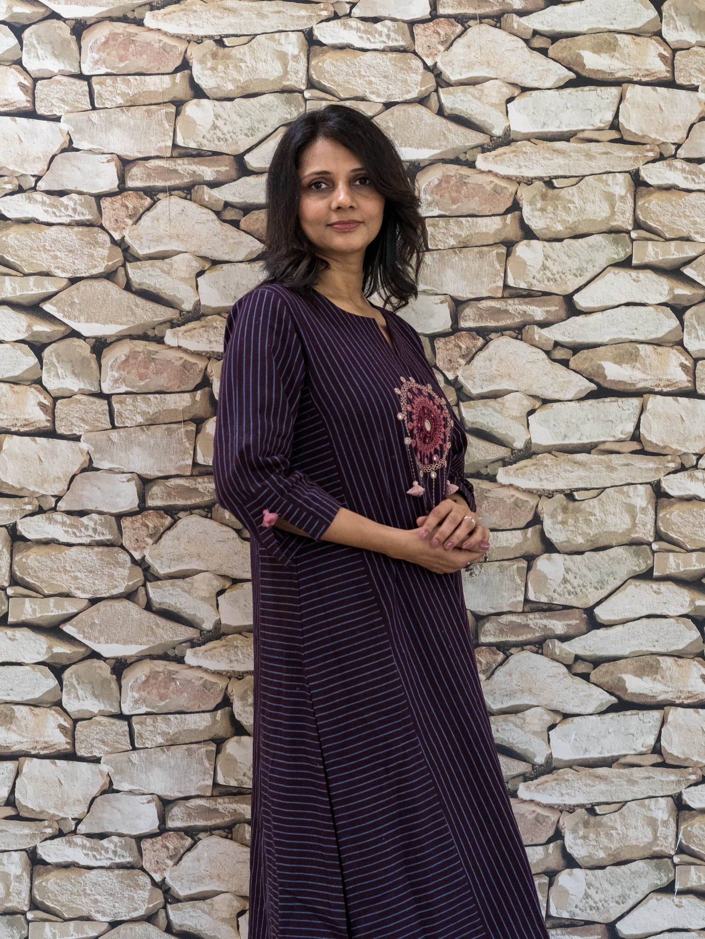 Strips kurta with yoke embroidery