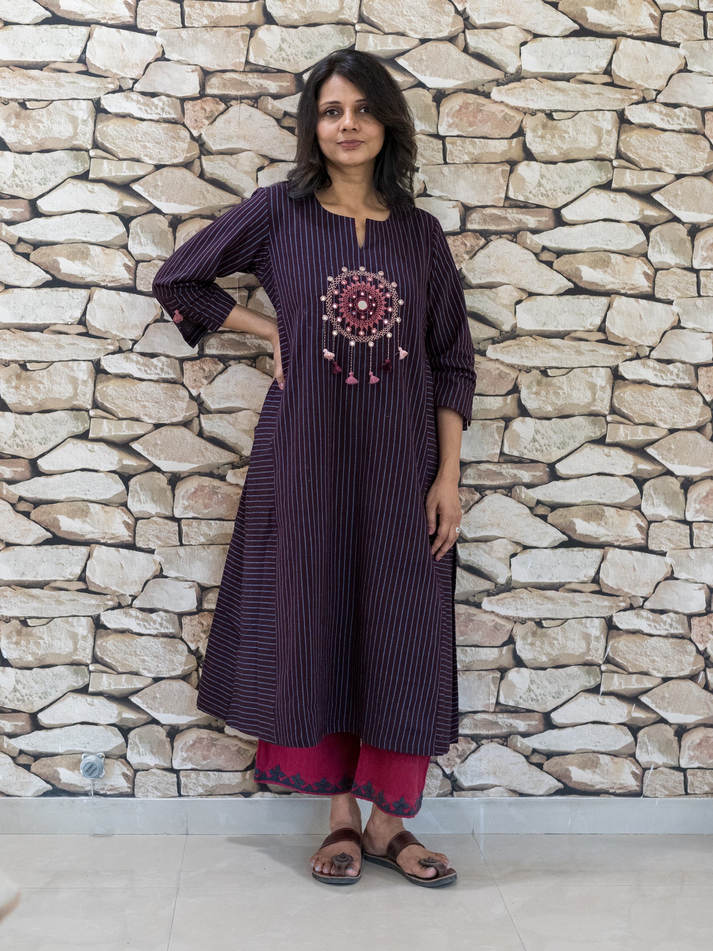Strips kurta with yoke embroidery