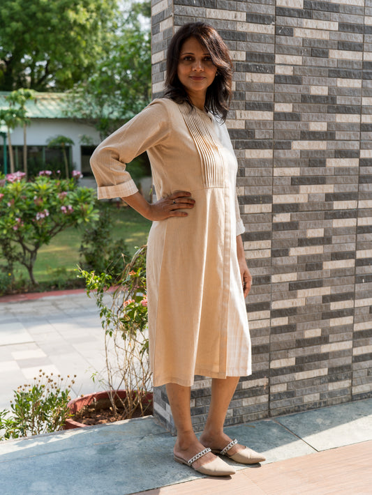 Beige- stripes combo shirt dress