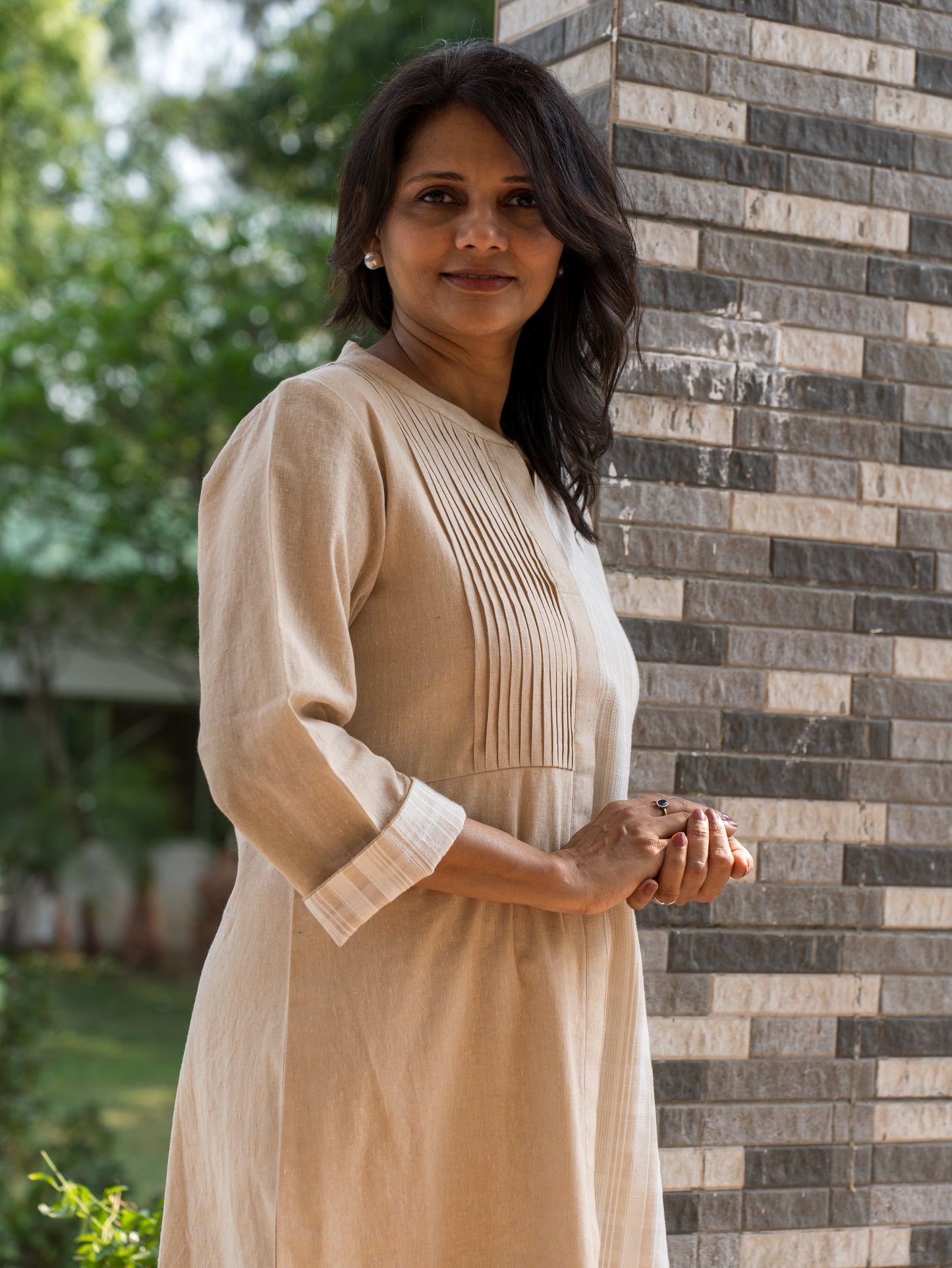 Beige- stripes combo shirt dress