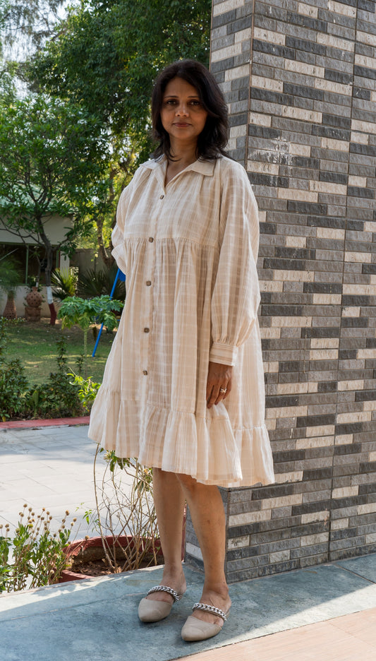 Beige stripes flaired shirt dress