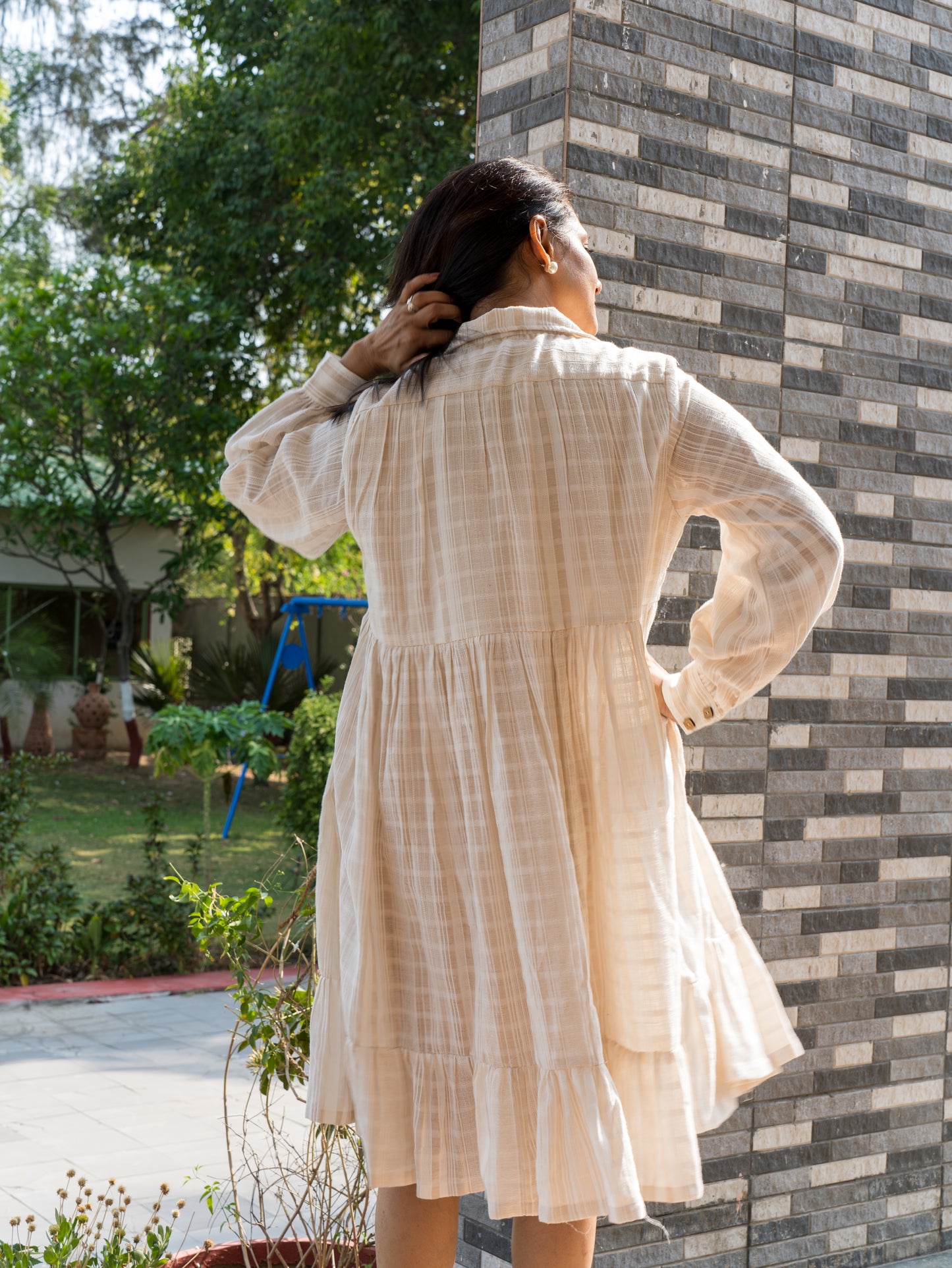 Beige stripes flaired shirt dress