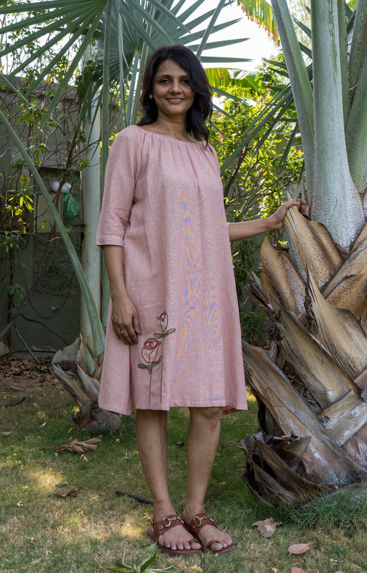 Off shoulder short dress with Rose applique and embroidery detailing