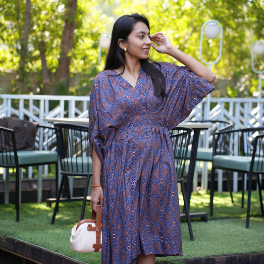 Blue muslin ajrakh print pleated kaftan