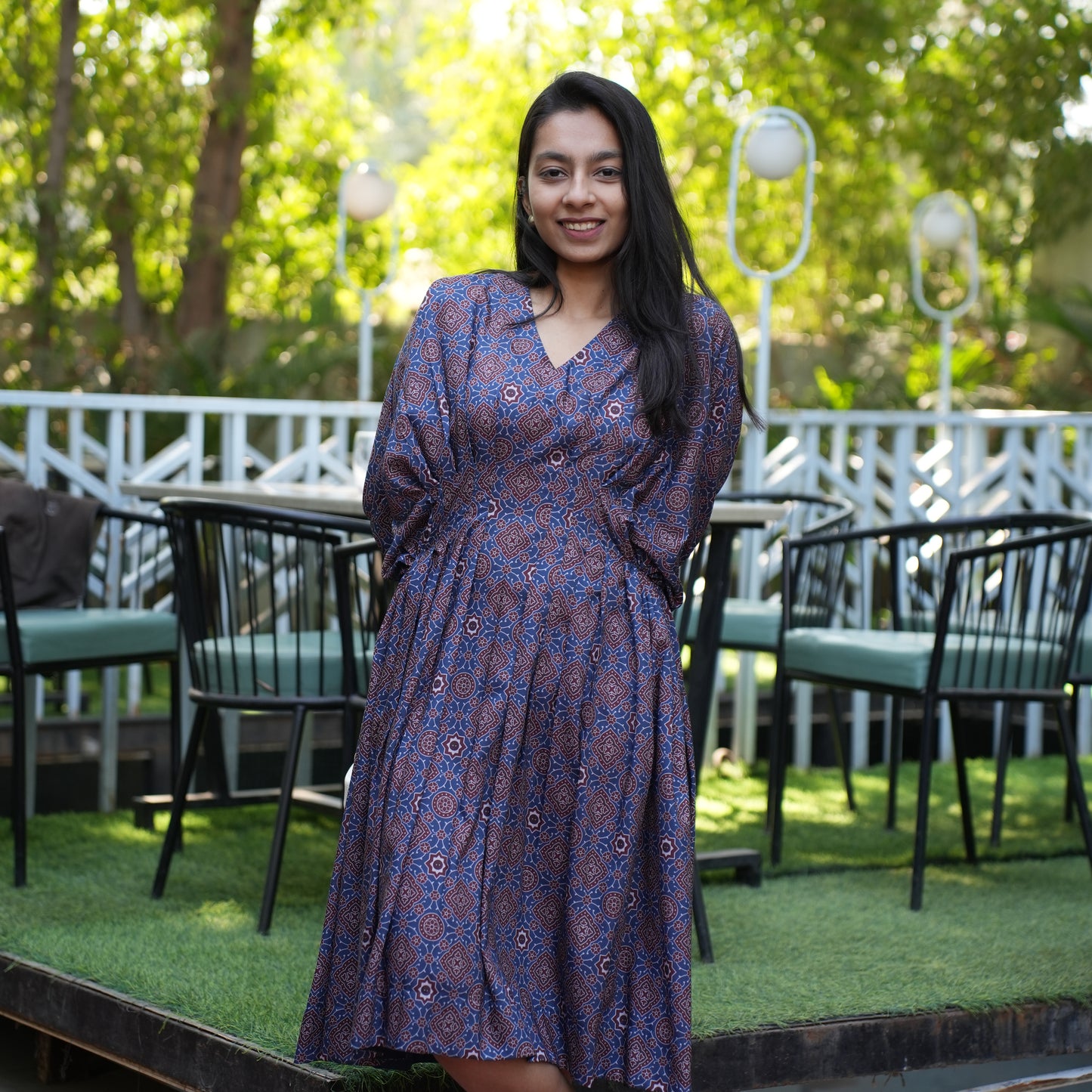 Blue muslin ajrakh print pleated kaftan