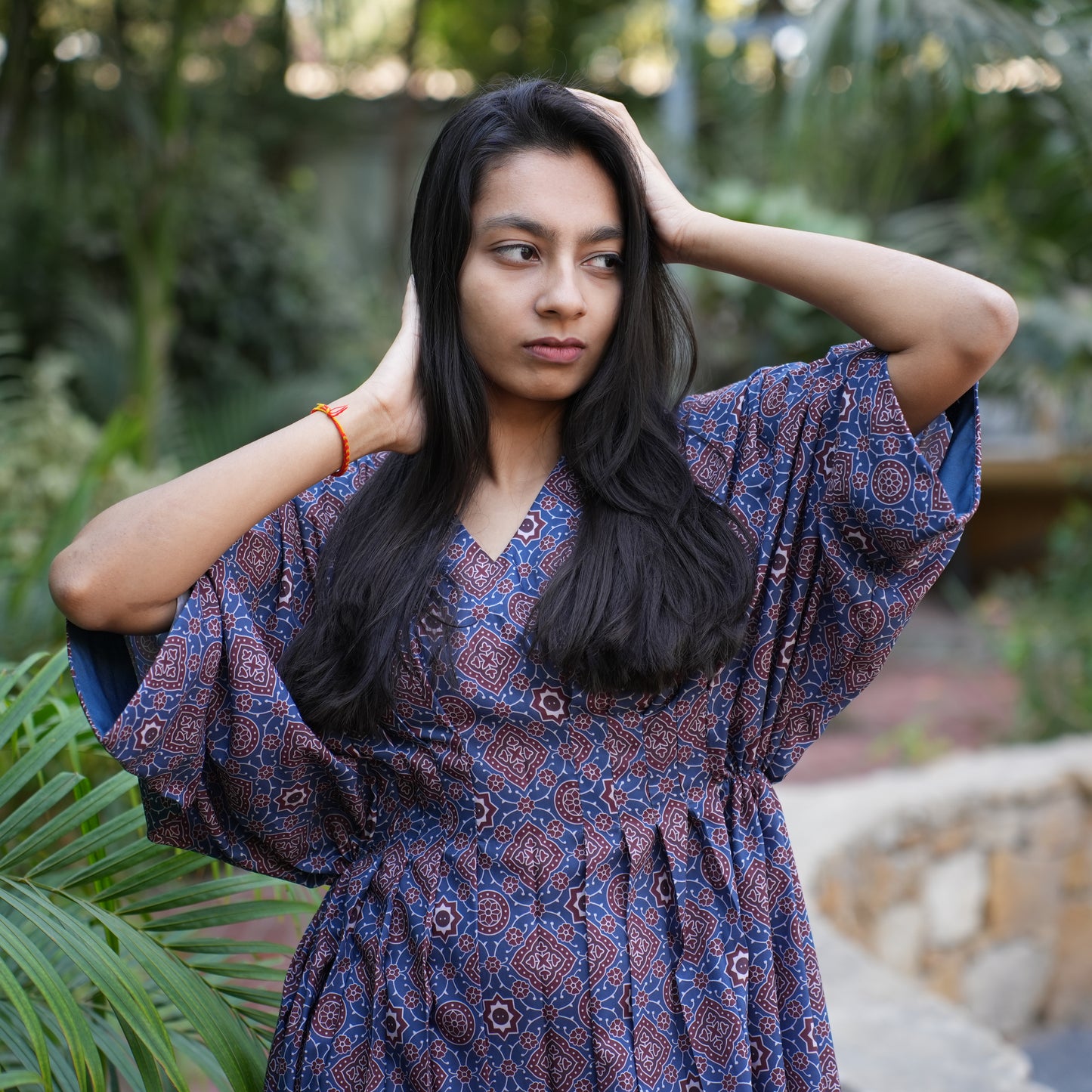 Blue muslin ajrakh print pleated kaftan