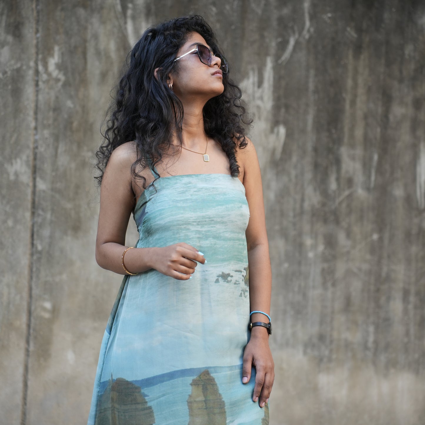 Abstract print silk spaghetti short dress