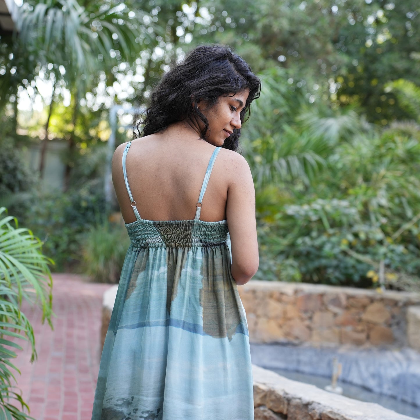 Abstract print silk spaghetti short dress