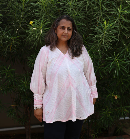 Pink strips umbrella top with smocking puff sleeves