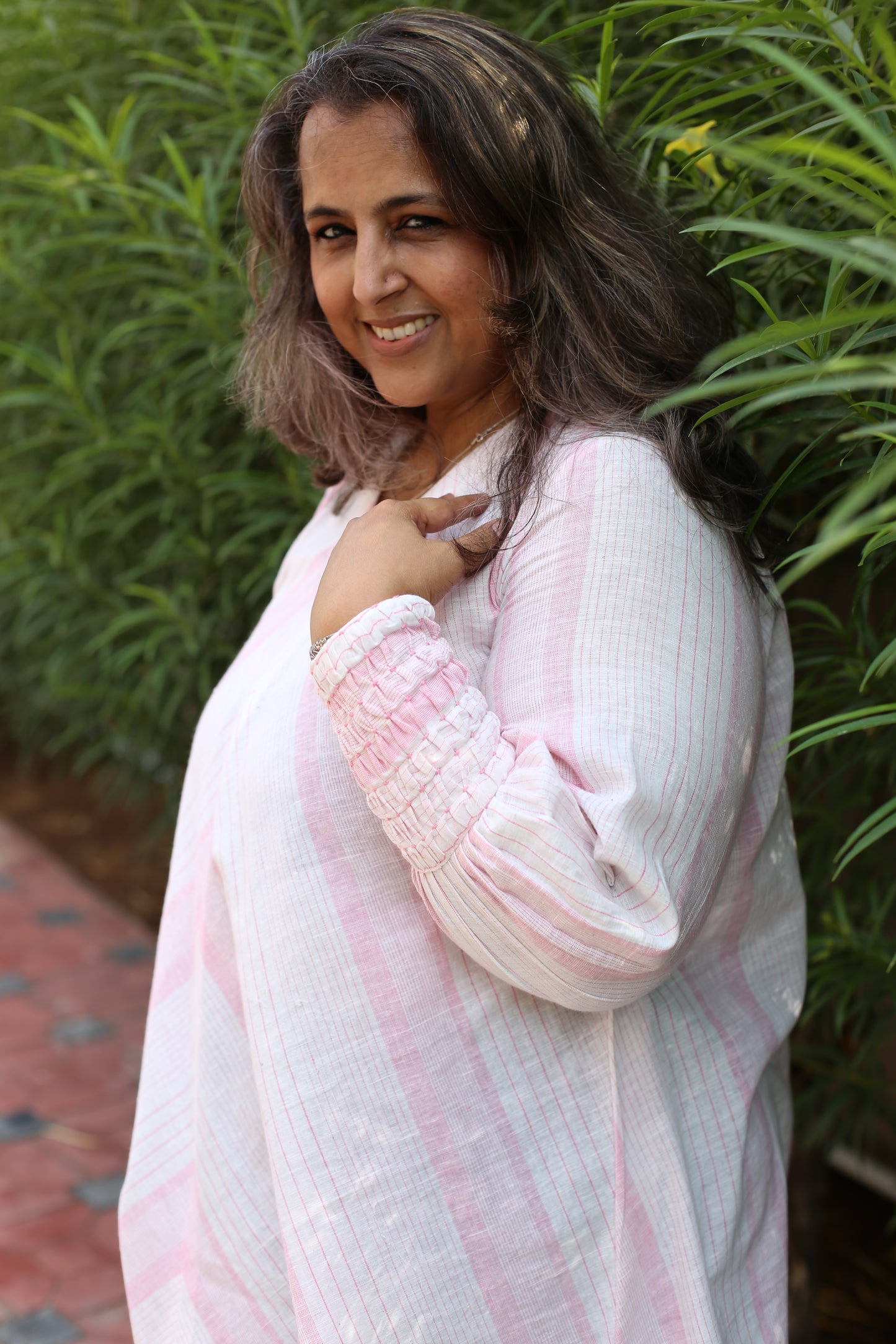 Pink strips umbrella top with smocking puff sleeves
