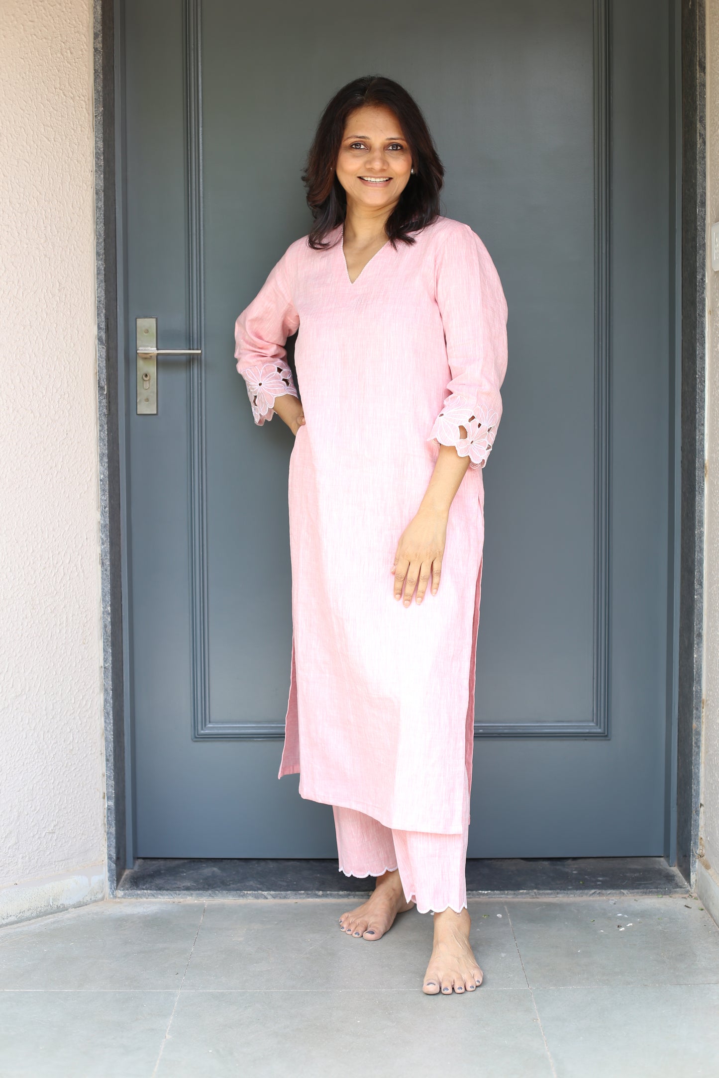 Pink Linen dress set with embroidered sleeves