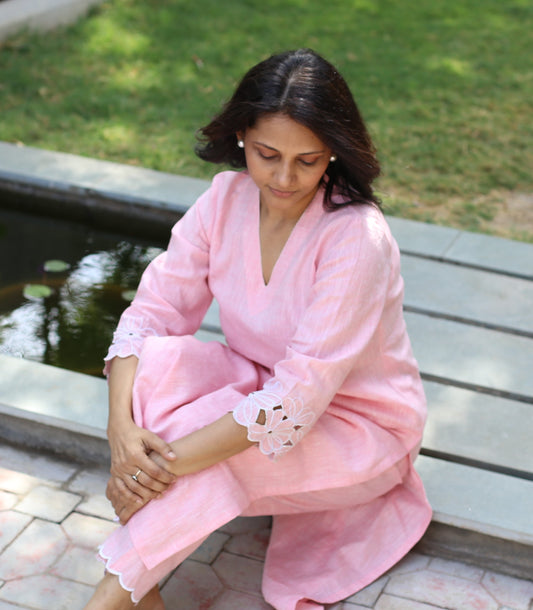 Pink Linen dress set with embroidered sleeves