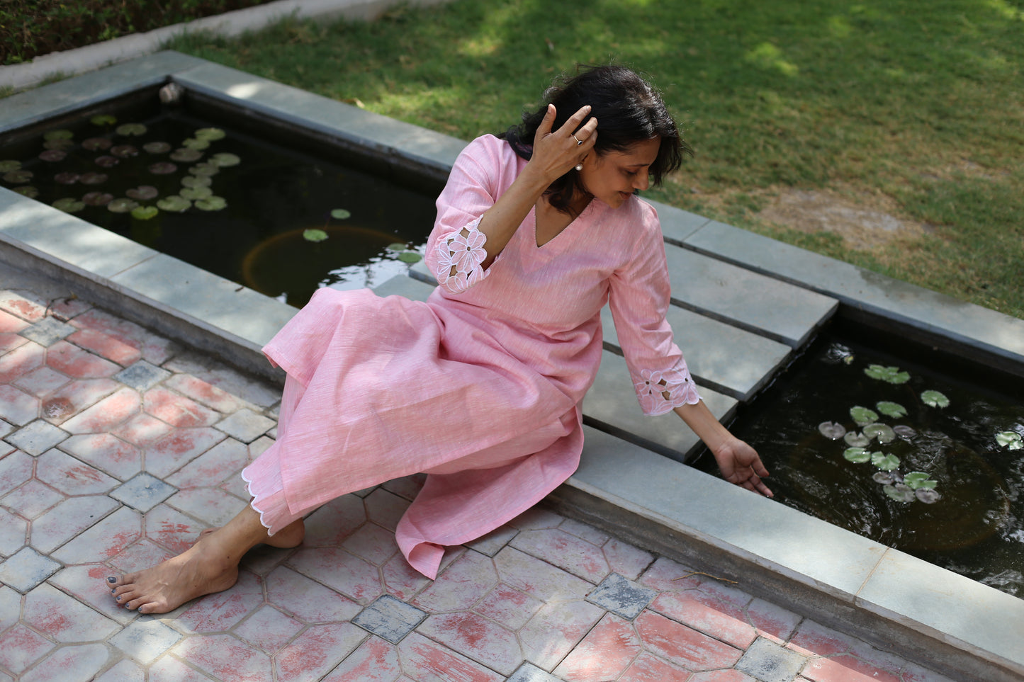 Pink Linen dress set with embroidered sleeves