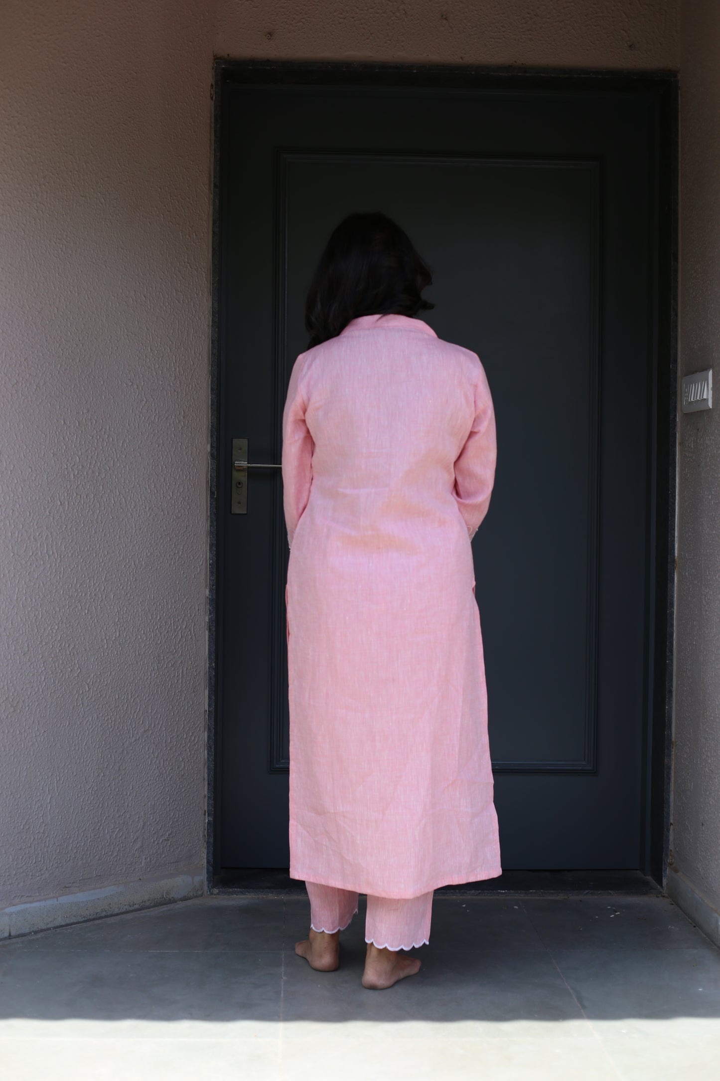Pink Linen dress set with embroidered sleeves