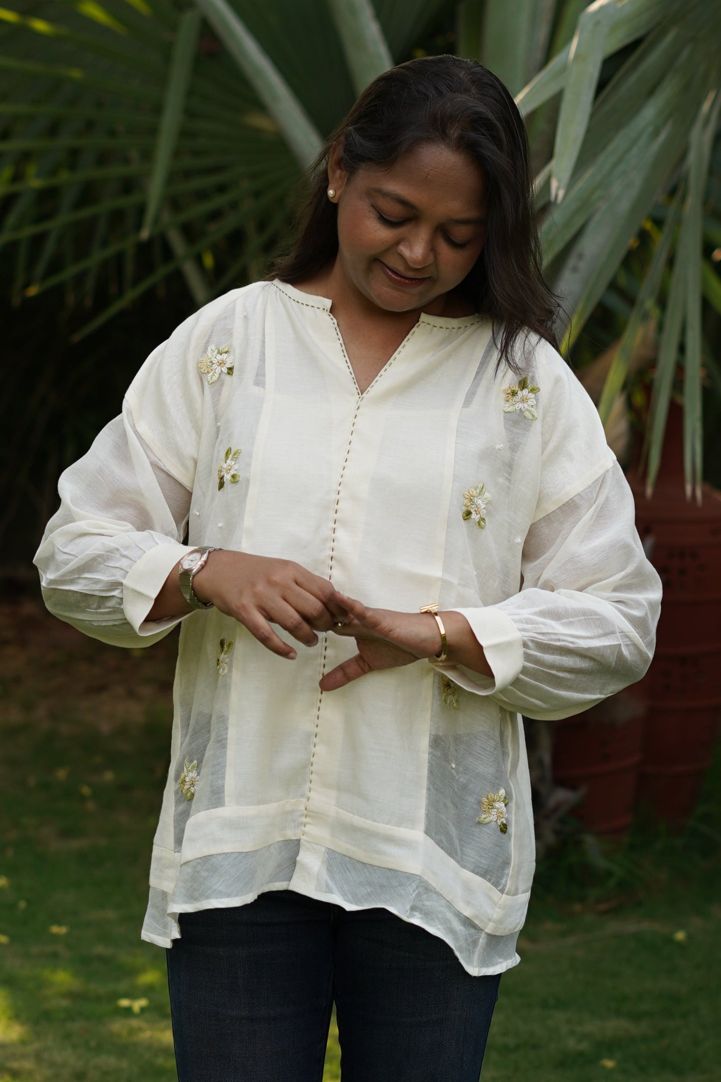 Off white chanderi kali top with embroidery