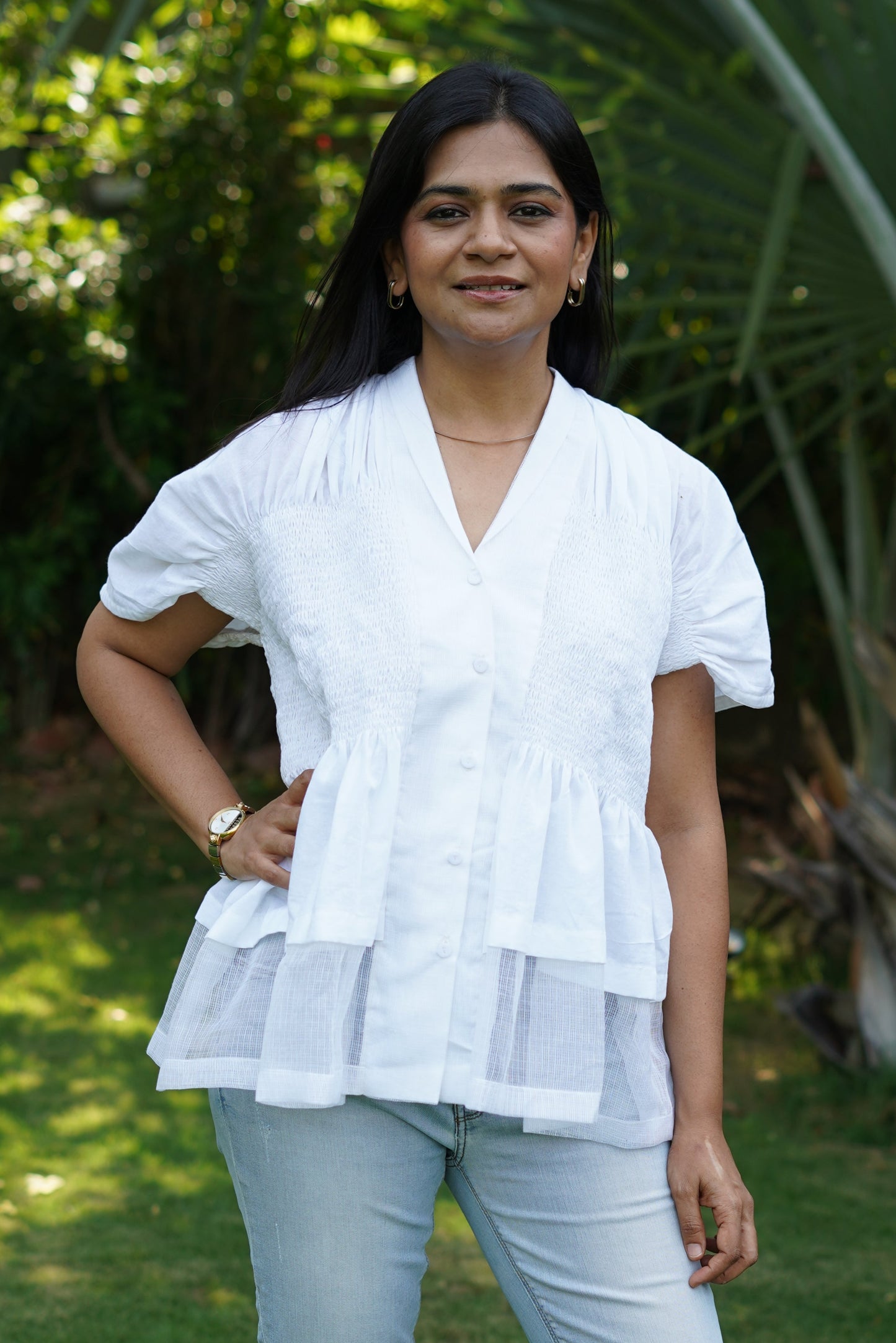 White cambric top with elastic gathers