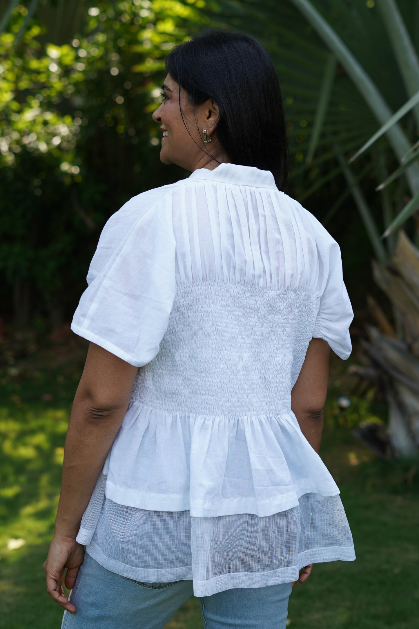 White cambric top with elastic gathers