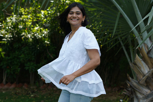 White cambric top with elastic gathers