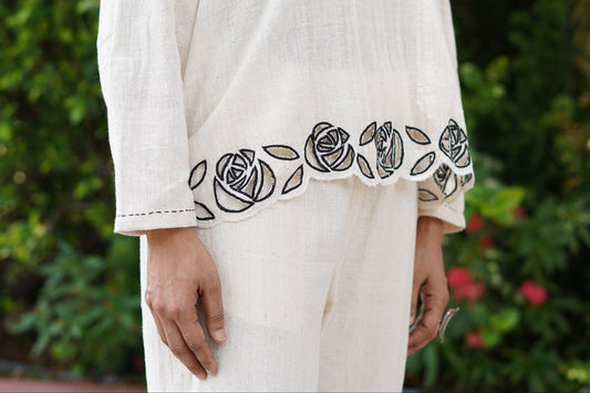 Kala cotton co-ord set with roses cut work